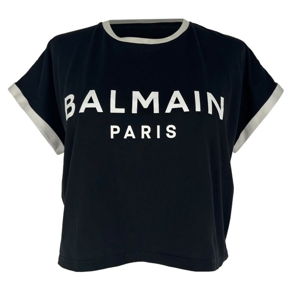 Balmain Logo Cropped Ringer Tee in Black Cotton